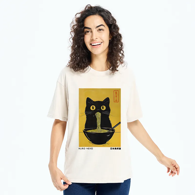 Tokyo-Tiger Black Cat Eats Ramen In Big Bites Washed T-Shirt