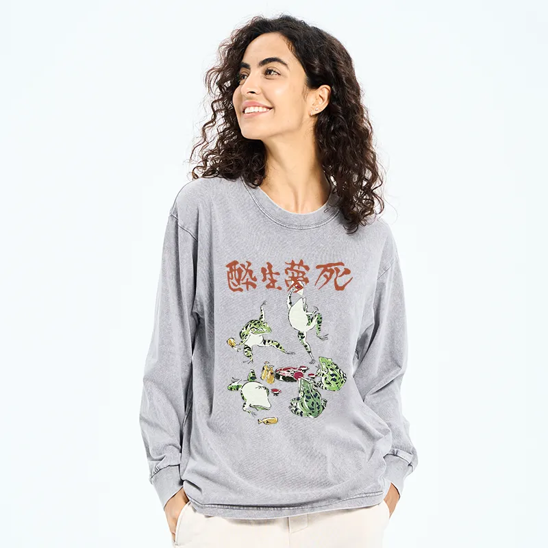 Tokyo-Tiger Japanese Frog Osake Kanji Washed Long Sleeve T-Shirt