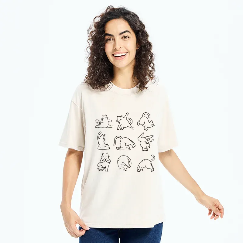 Tokyo-Tiger Cat Pose Yoga Washed T-Shirt