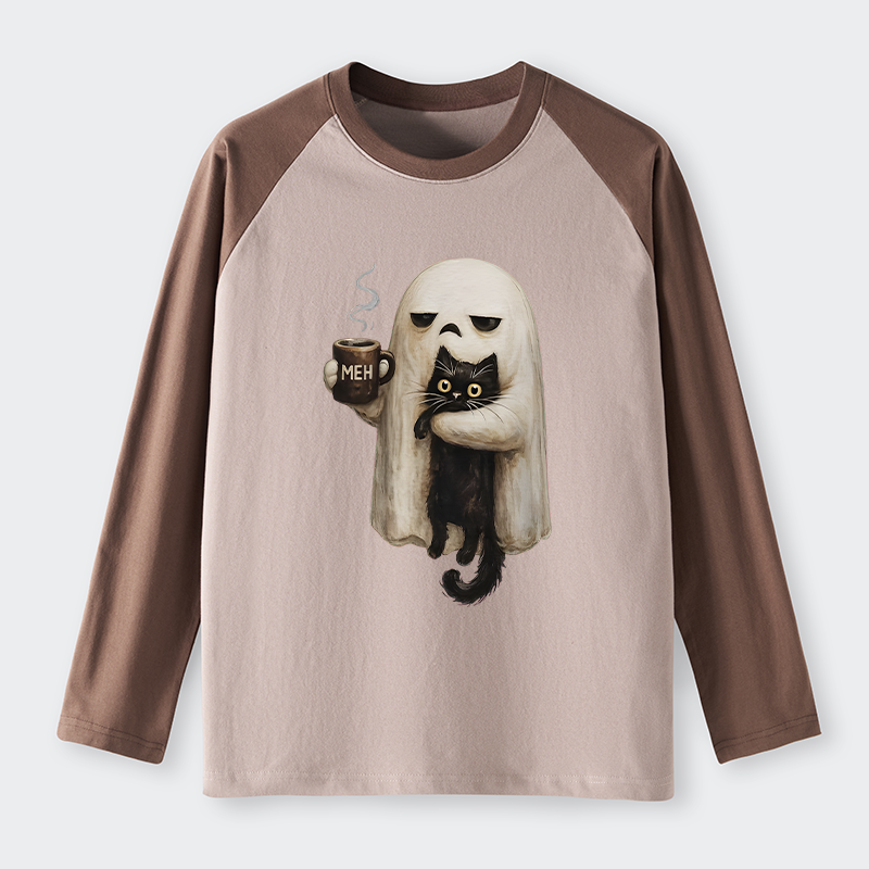 Tokyo-Tiger Ghost Cat Coffee Mood Raglan Long Sleeve T-shirt