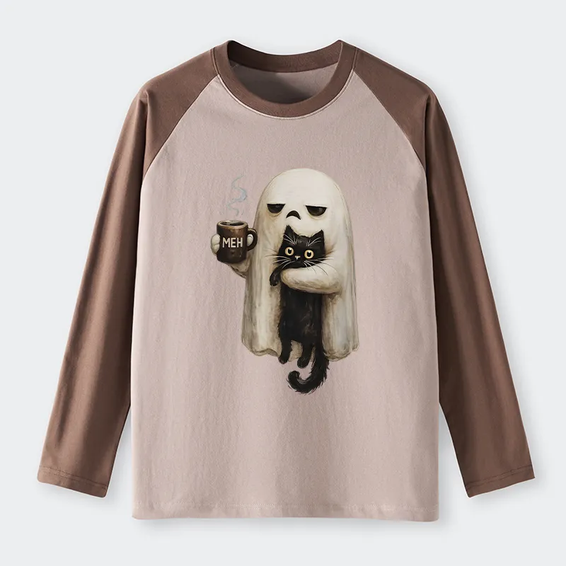 Tokyo-Tiger Ghost Cat Coffee Mood Raglan Long Sleeve T-shirt