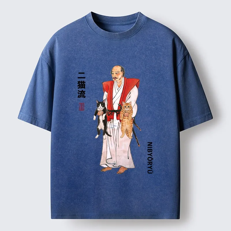 Tokyo‑Tiger Two Cat Samurai Vibe Washed T‑Shirt