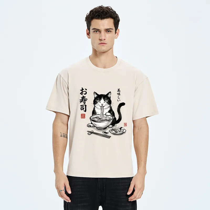 Tokyo-Tiger Cats Eat Japanese Food Washed T-Shirt