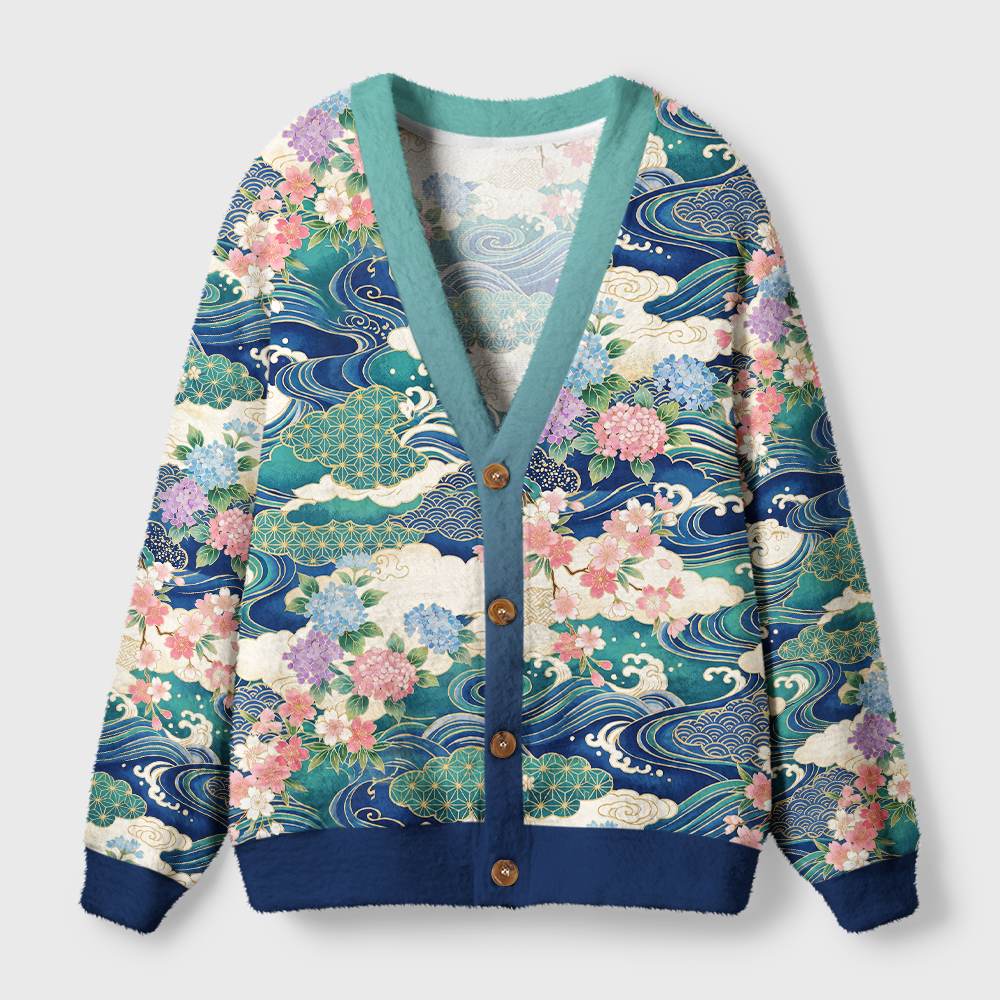 Tokyo-Tiger Blossoms Ride The Japanese Waves Ugly Cardigan Sweater