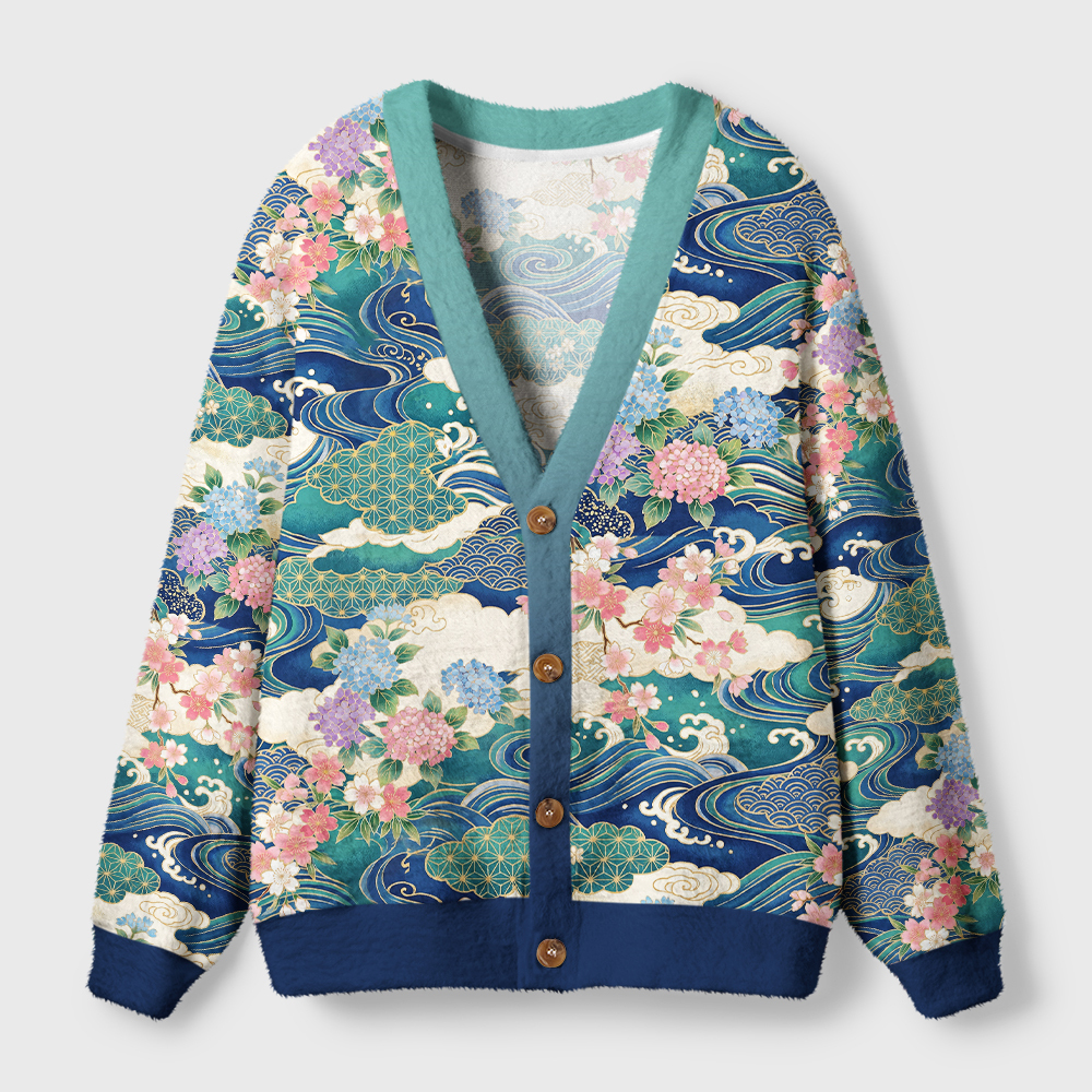 Tokyo-Tiger Blossoms Ride The Japanese Waves Ugly Cardigan Sweater