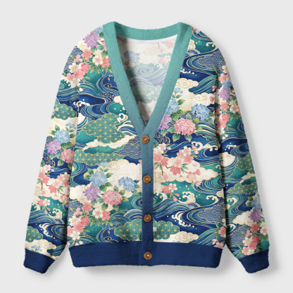 Tokyo-Tiger Blossoms Ride The Japanese Waves Ugly Cardigan Sweater