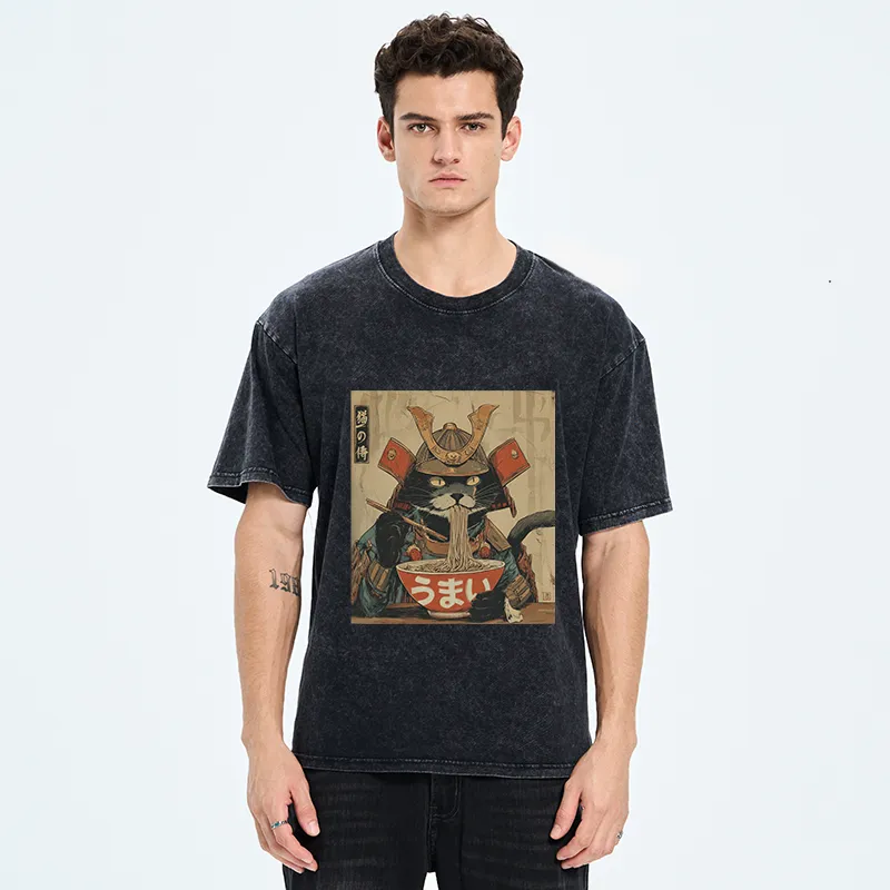 Tokyo-Tiger Cat Japanese Samurai Eating Ramen Washed T-Shirt