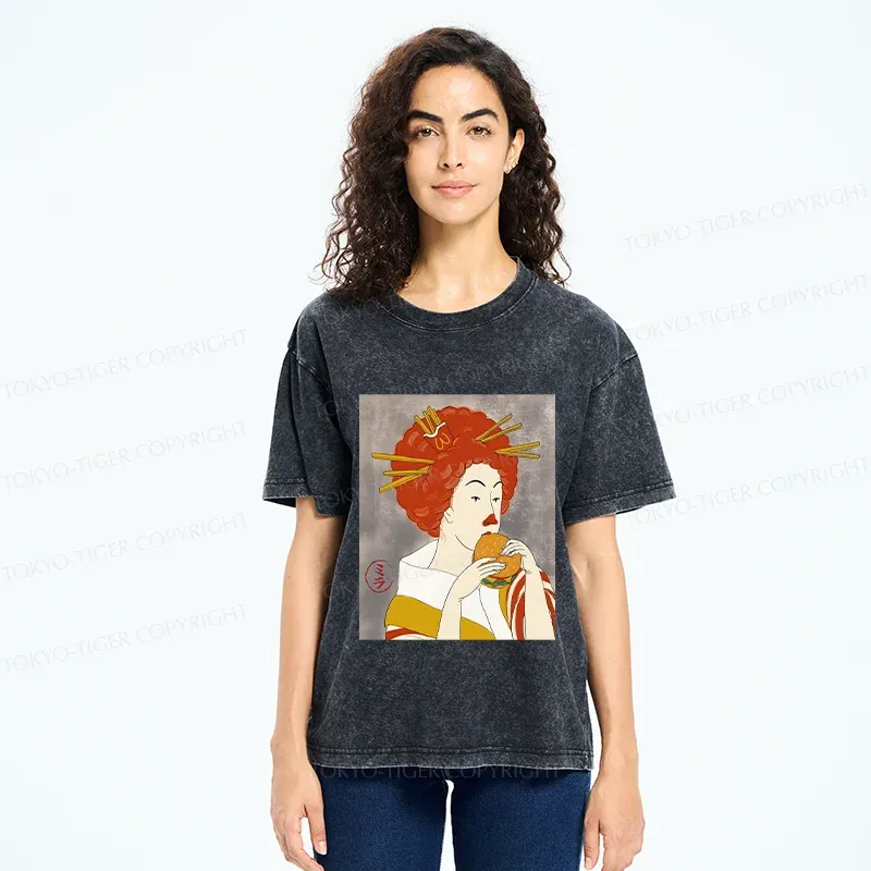 Tokyo-Tiger Japanese Eating Hamburger Washed T-Shirt