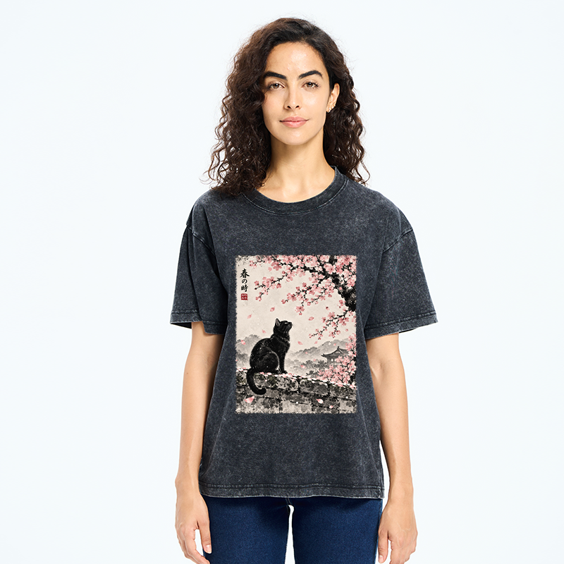 Tokyo-Tiger Spring Black Cat Art Washed T-Shirt