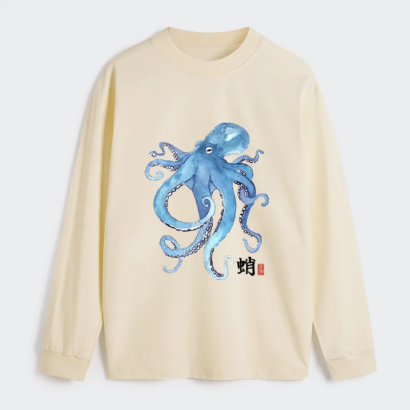Tokyo-Tiger Watercolor Blue Octopus Classic Long Sleeve T-Shirt