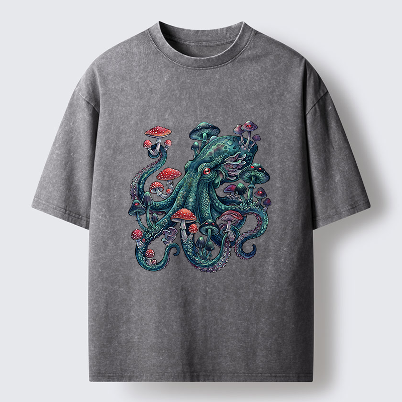 Tokyo-Tiger Octopus Covered In Mushrooms Washed T-Shirt