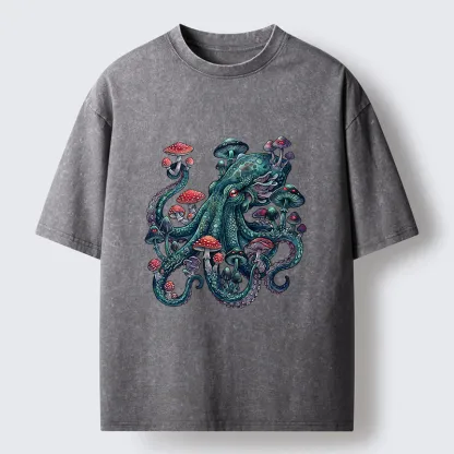 Tokyo-Tiger Octopus Covered In Mushrooms Washed T-Shirt