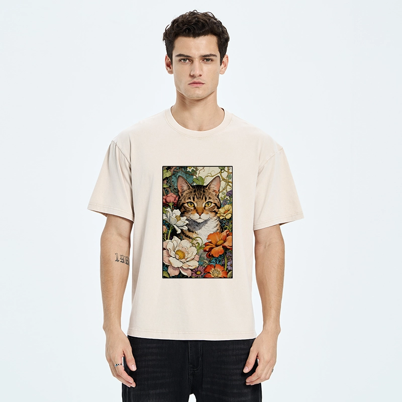 Tokyo-Tiger A Cat Hidden In Flowers Washed T-Shirt