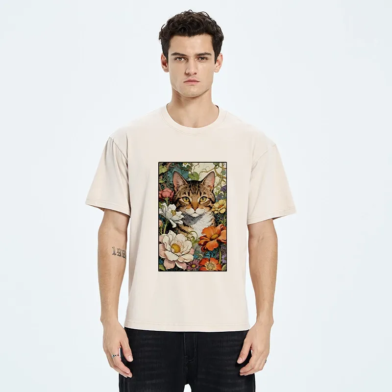 Tokyo-Tiger A Cat Hidden In Flowers Washed T-Shirt