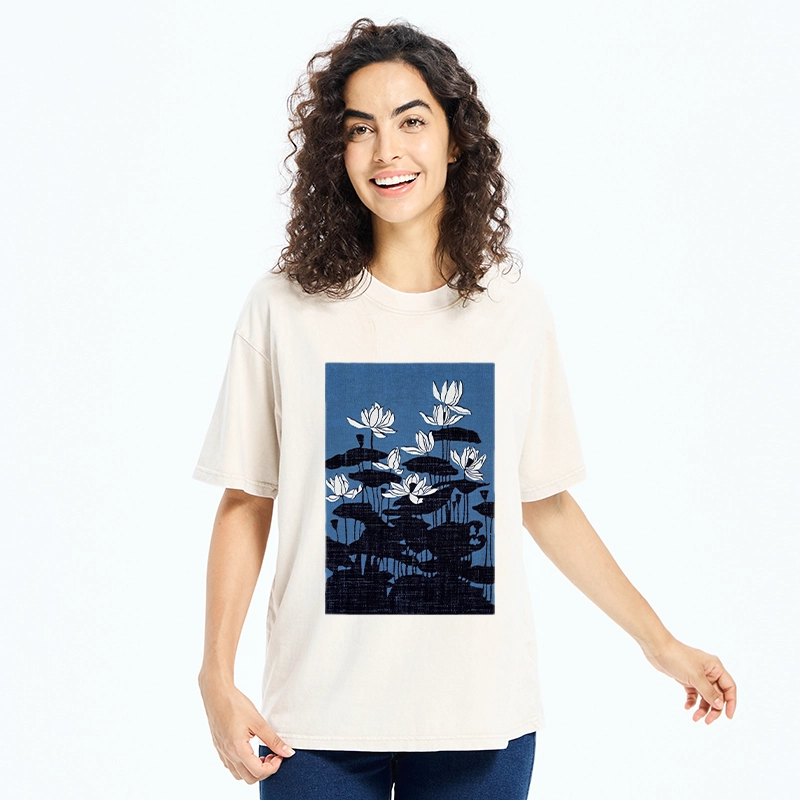 Tokyo-Tiger Blue Lotus Japanese Art Washed T-Shirt