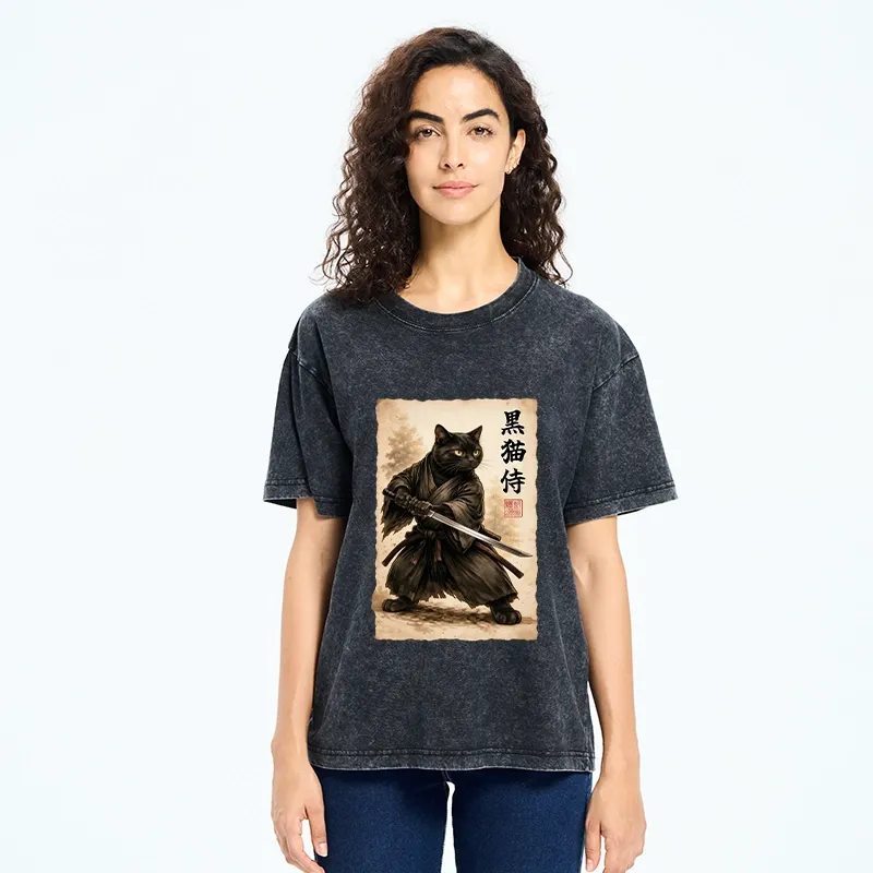 Tokyo-Tiger Black Cat Samurai Warrior Art Washed T-Shirt