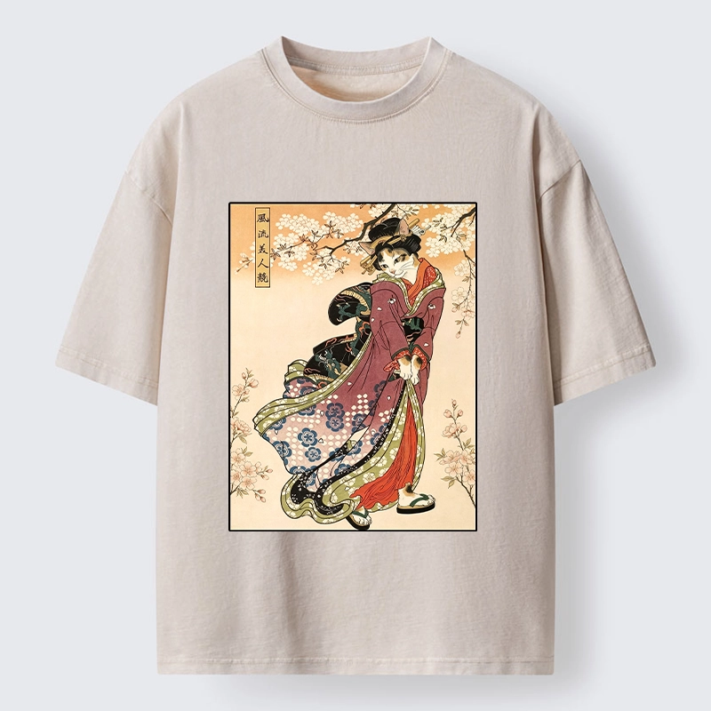 Tokyo‑Tiger Kimono Cat Art Washed T‑Shirt