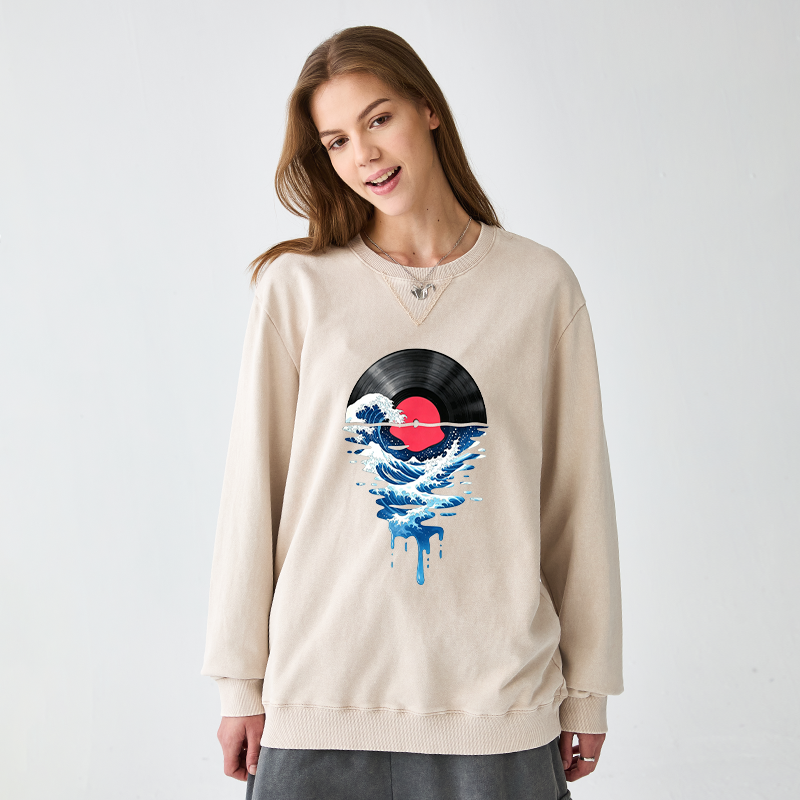 Tokyo-Tiger Vinyl Records And Waves Washed Terry Sweatshirt