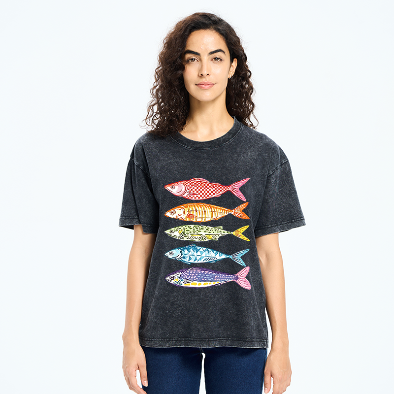 Tokyo‑Tiger Colorful Multi Pattern Fish Washed T‑Shirt