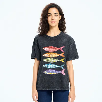 Tokyo‑Tiger Colorful Multi Pattern Fish Washed T‑Shirt