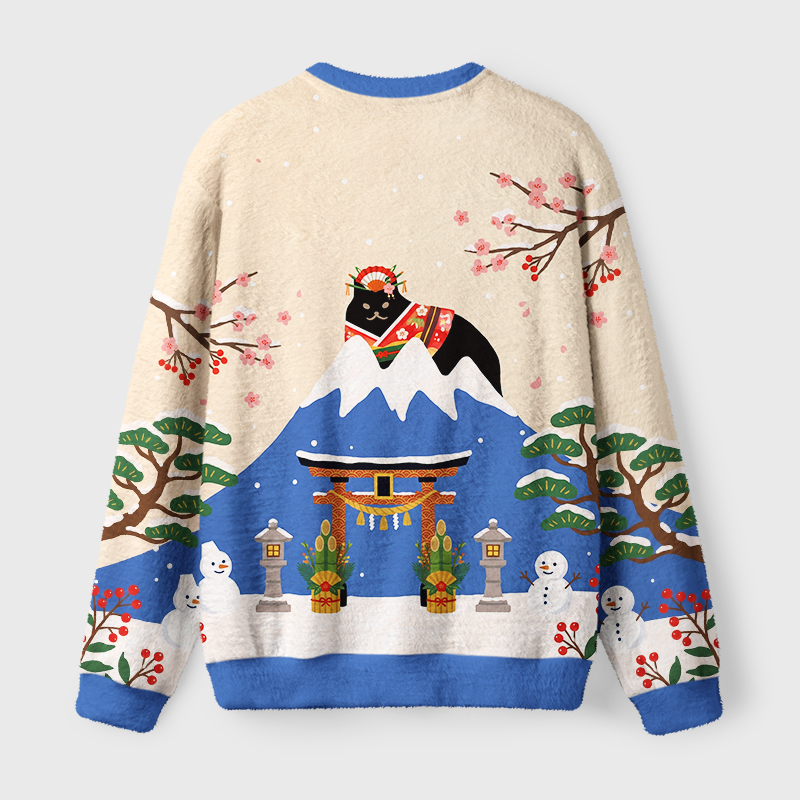 Tokyo-Tiger Cat On Mount Fuji Fuzzy Christmas Ugly Sweatshirt