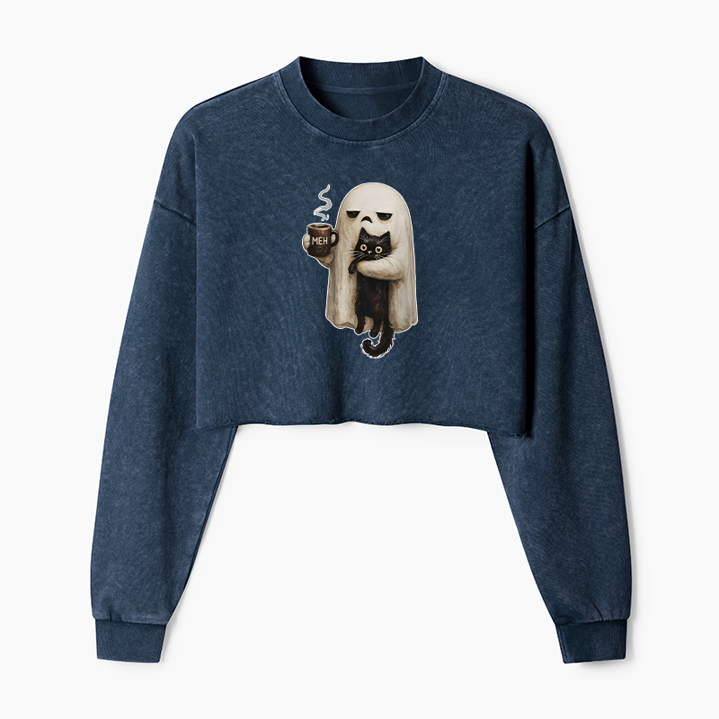 Tokyo-Tiger Ghost Cat Coffee Mood Washed Crop Sweatshirt