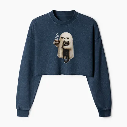 Tokyo-Tiger Ghost Cat Coffee Mood Washed Crop Sweatshirt