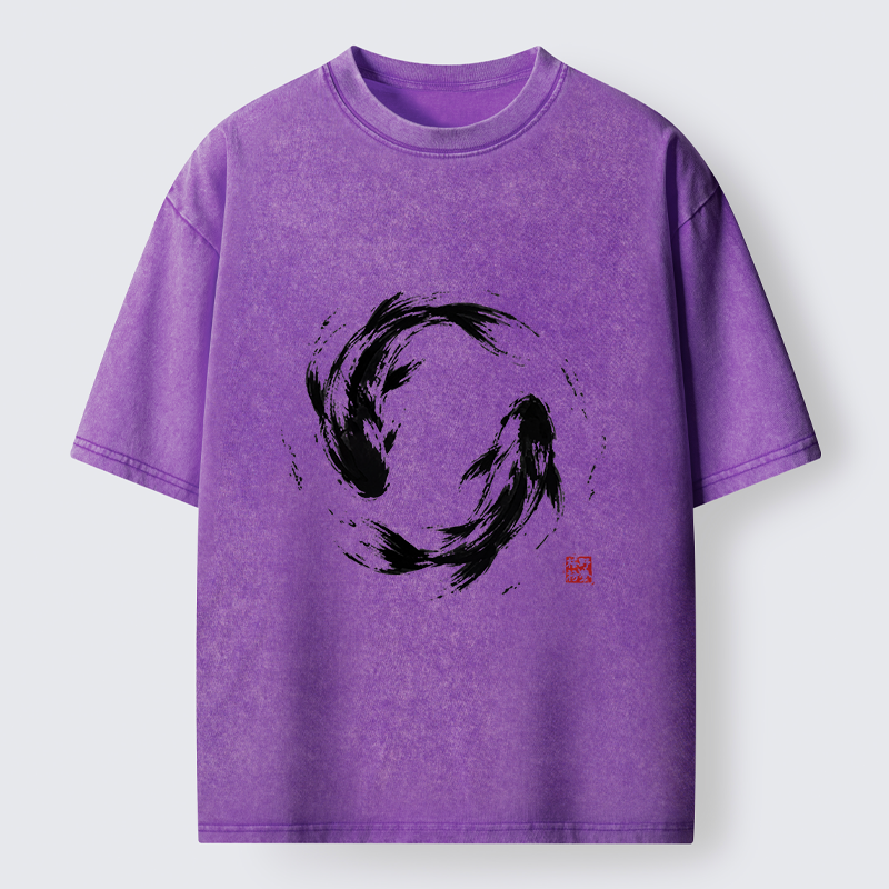 Tokyo-Tiger Ink Koi Fish Circle Washed T-Shirt