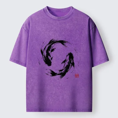 Tokyo-Tiger Ink Koi Fish Circle Washed T-Shirt