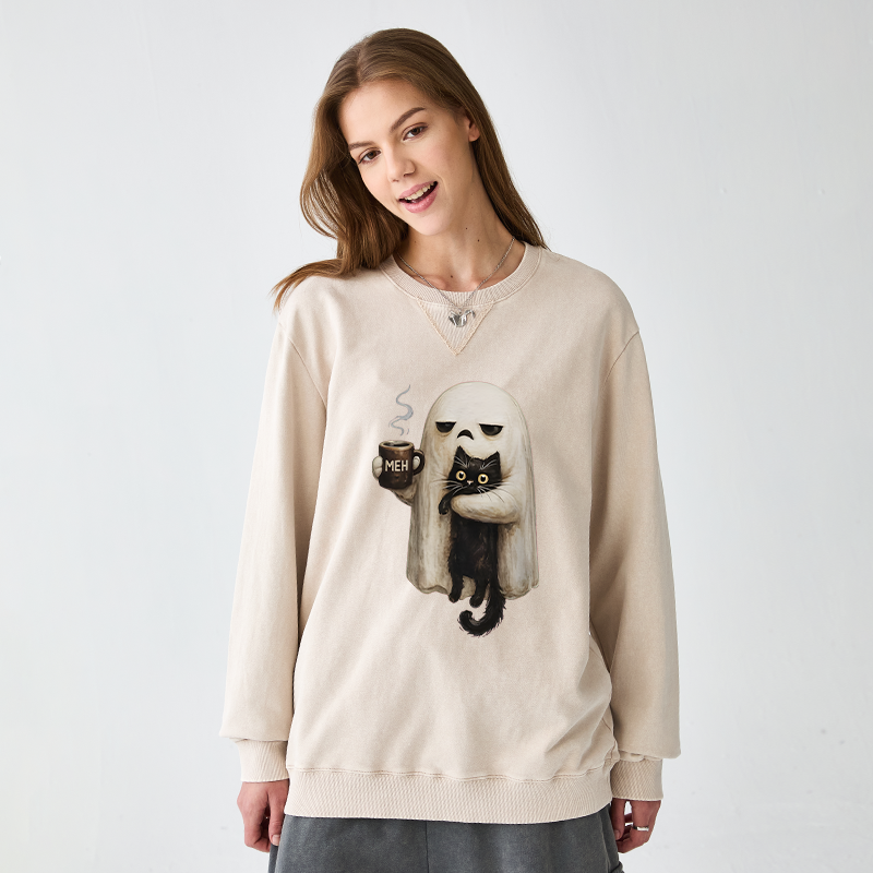 Tokyo-Tiger Ghost Cat Coffee Mood Washed Terry Sweatshirt
