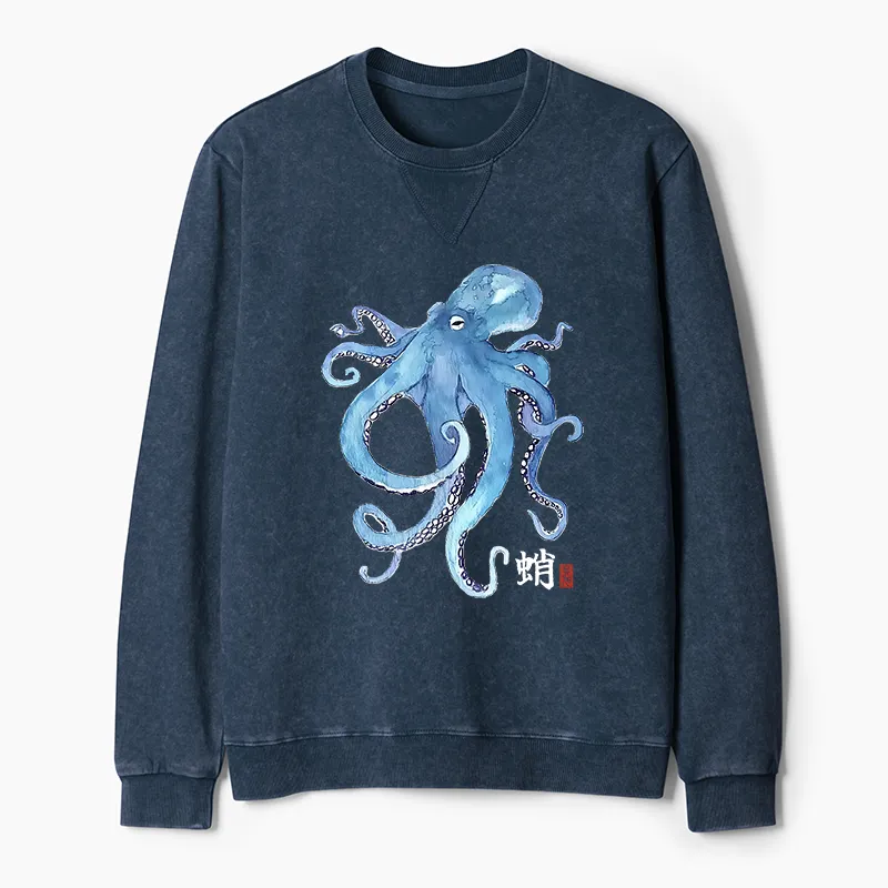 Tokyo-Tiger Watercolor Blue Octopus Washed Terry Sweatshirt