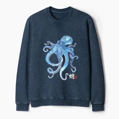 Tokyo-Tiger Watercolor Blue Octopus Washed Terry Sweatshirt