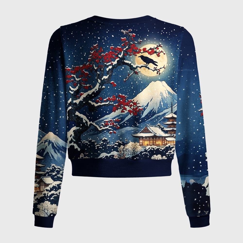Tokyo-Tiger Fuji Snow Plum Blossoms Women's Fuzzy Cropped Sweatshirt