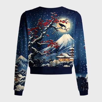 Tokyo-Tiger Fuji Snow Plum Blossoms Women's Fuzzy Cropped Sweatshirt
