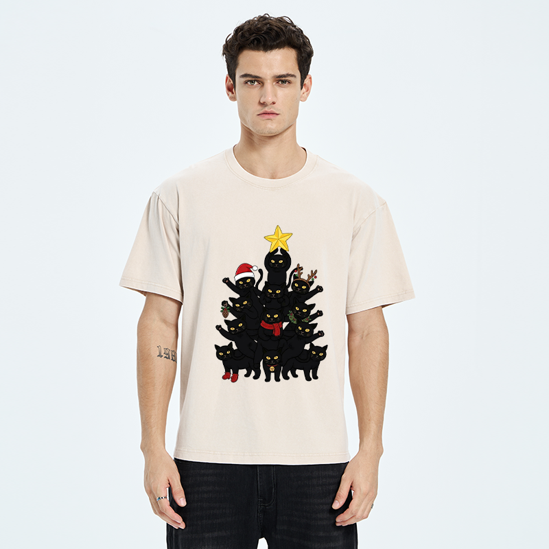 Tokyo-Tiger Stacked Black Cat Christmas Tree Washed T-Shirt