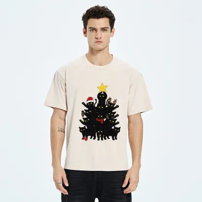 Tokyo-Tiger Stacked Black Cat Christmas Tree Washed T-Shirt