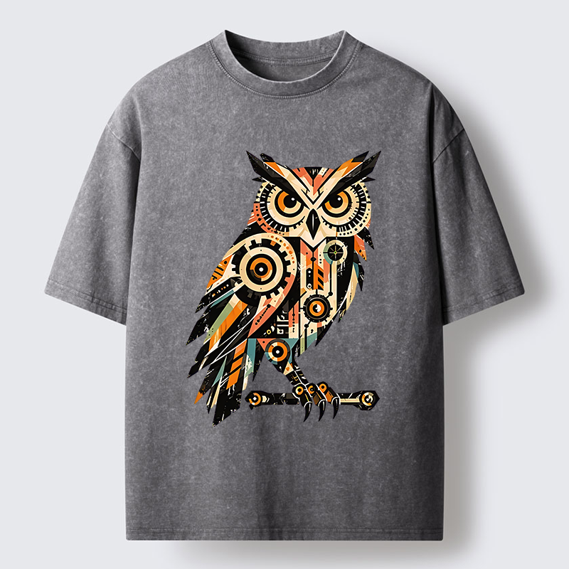 Tokyo-Tiger Mechanic Gear Art Owl Washed T-Shirt