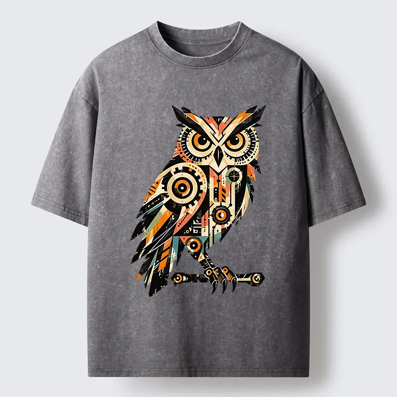 Tokyo-Tiger Mechanic Gear Art Owl Washed T-Shirt