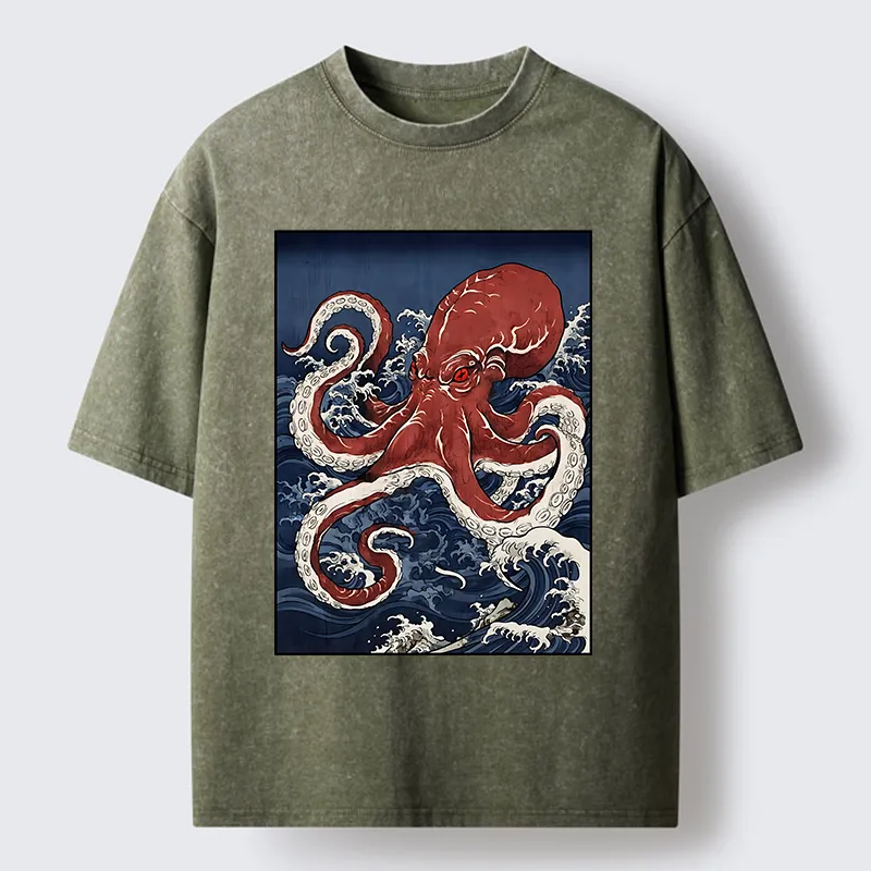 Tokyo-Tiger Japanese Octopus Wave Washed T-Shirt