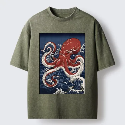 Tokyo-Tiger Japanese Octopus Wave Washed T-Shirt