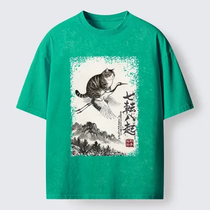 Tokyo-Tiger Funny Cat Riding Crane Art Washed T-Shirt