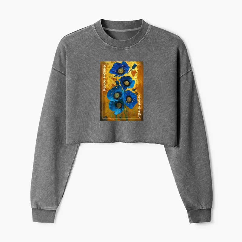 Tokyo-Tiger Shiny Blue Flower Warm Golden Background Washed Crop Sweatshirt