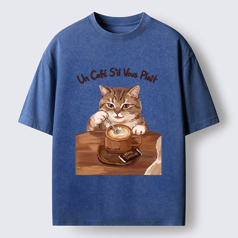 Tokyo-Tiger Cat Stirring Coffee Washed T-Shirt