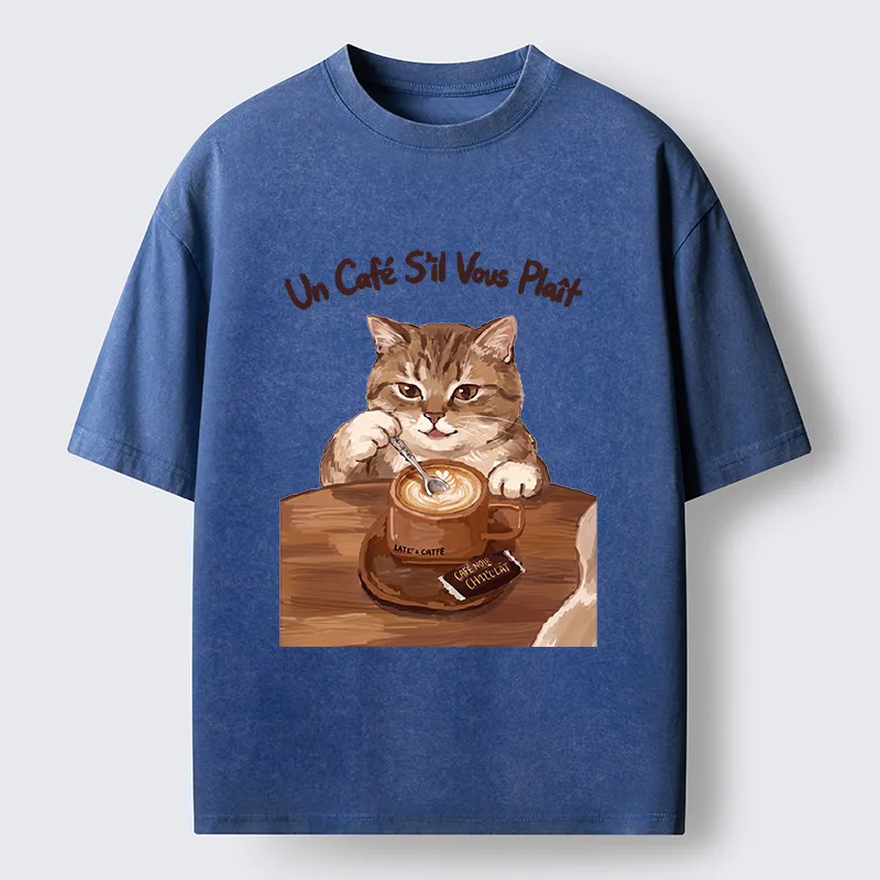 Tokyo-Tiger Cat Stirring Coffee Washed T-Shirt
