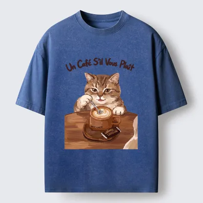 Tokyo-Tiger Cat Stirring Coffee Washed T-Shirt
