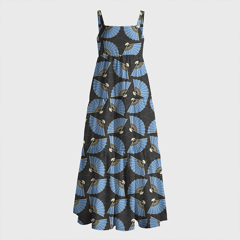 Tokyo-Tiger Folding Fans And Waves Maxi Dress