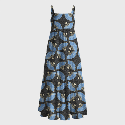 Tokyo-Tiger Folding Fans And Waves Maxi Dress