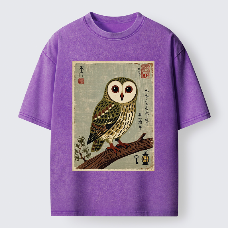 Tokyo-Tiger Vintage Woodblock Owl Art Washed T-Shirt