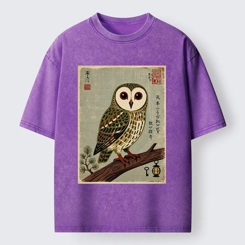 Tokyo-Tiger Vintage Woodblock Owl Art Washed T-Shirt