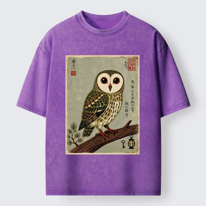 Tokyo-Tiger Vintage Woodblock Owl Art Washed T-Shirt